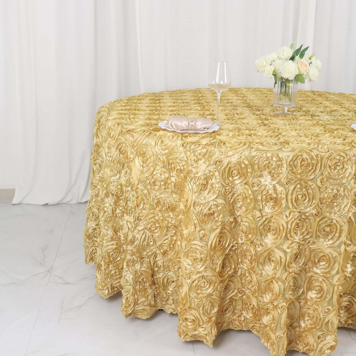 Efavormart 120" Wholesale Round Table Cover Champagne Grandiose Rosette 3D Satin Tablecloth for