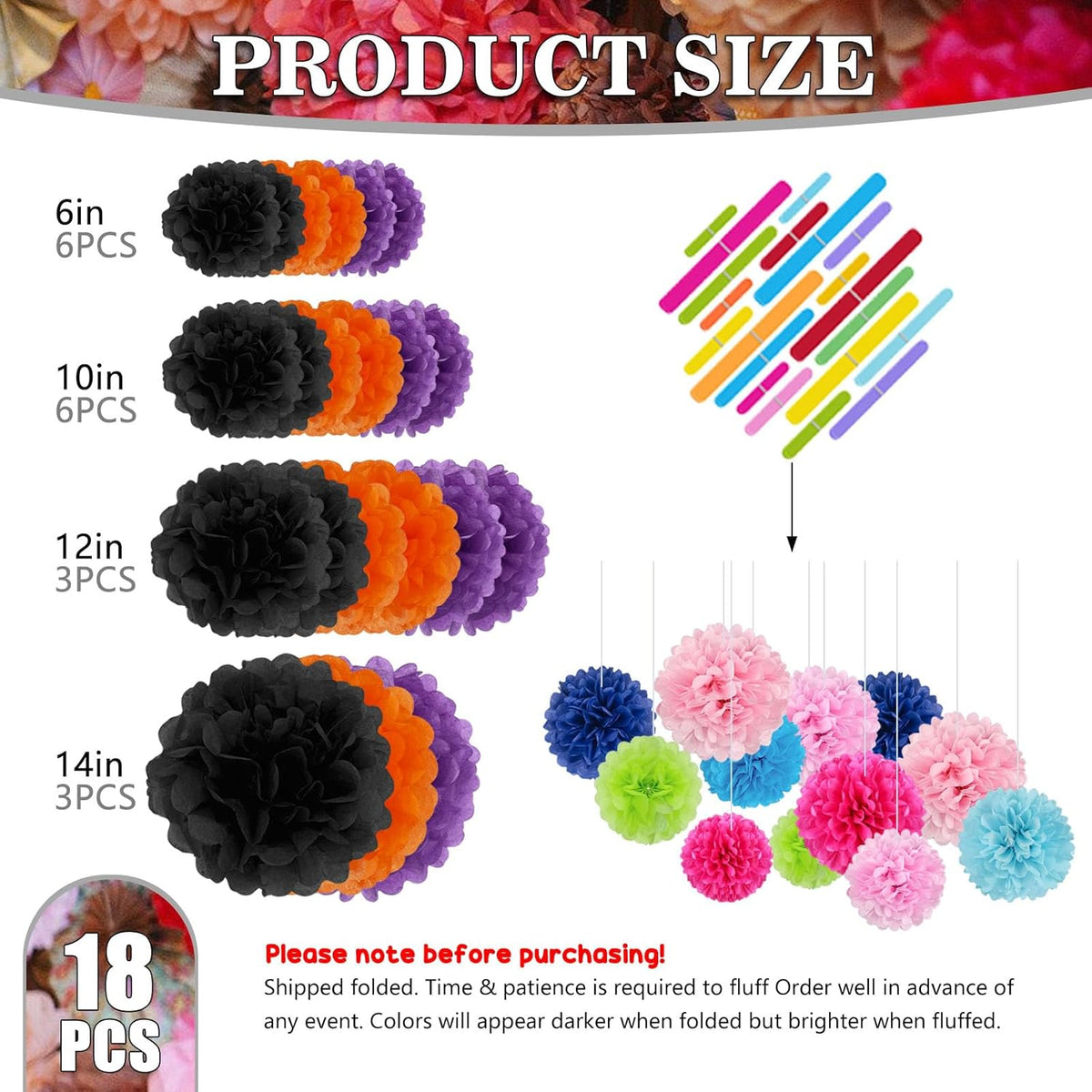 Tissue Paper Pom Poms, Black Orange Purple Tissue Paper Flowers, Hanging Flower Balls for Weddings
