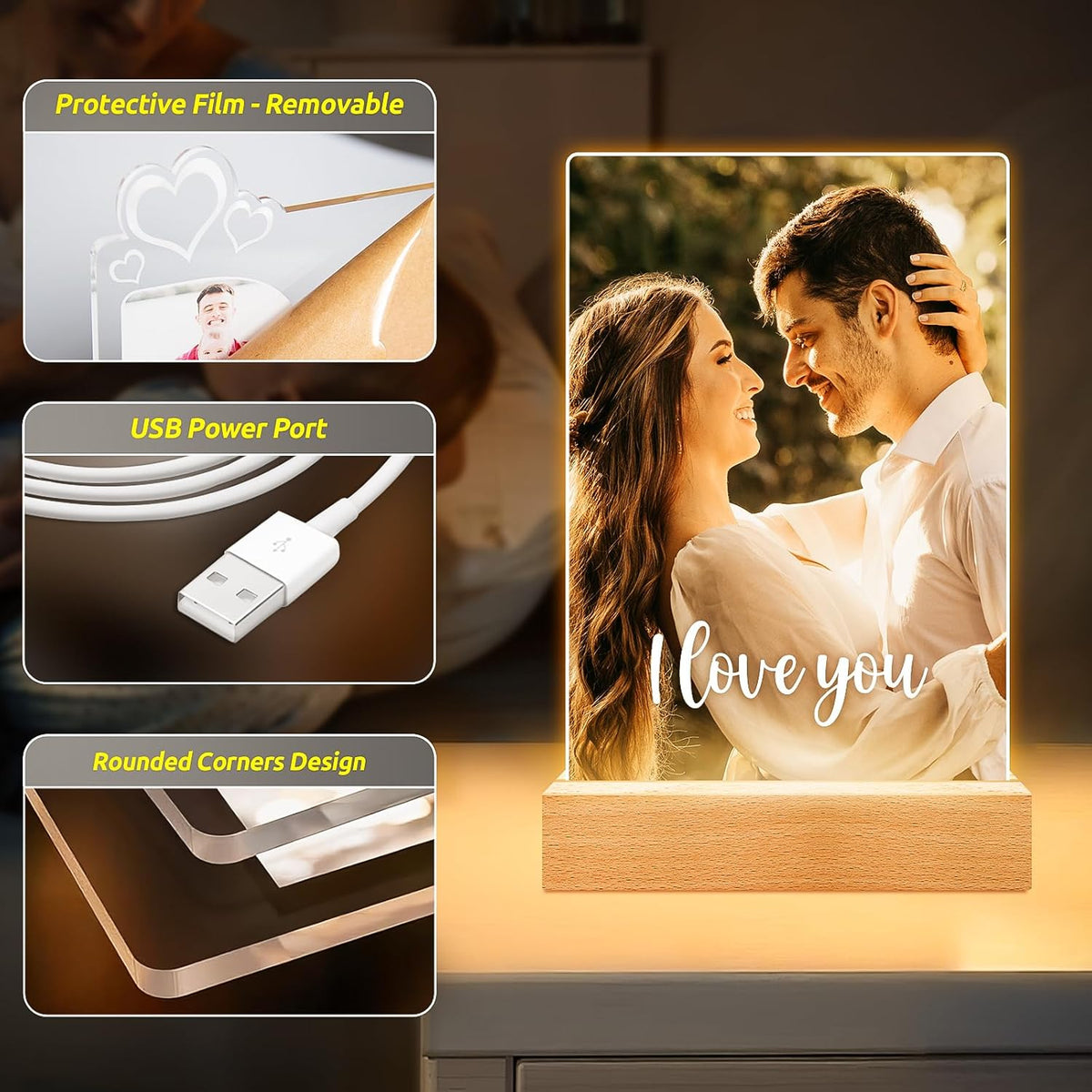 Custom Picture Frames with Photo, Personalized Photo Frame with Night Light, Customized Picture