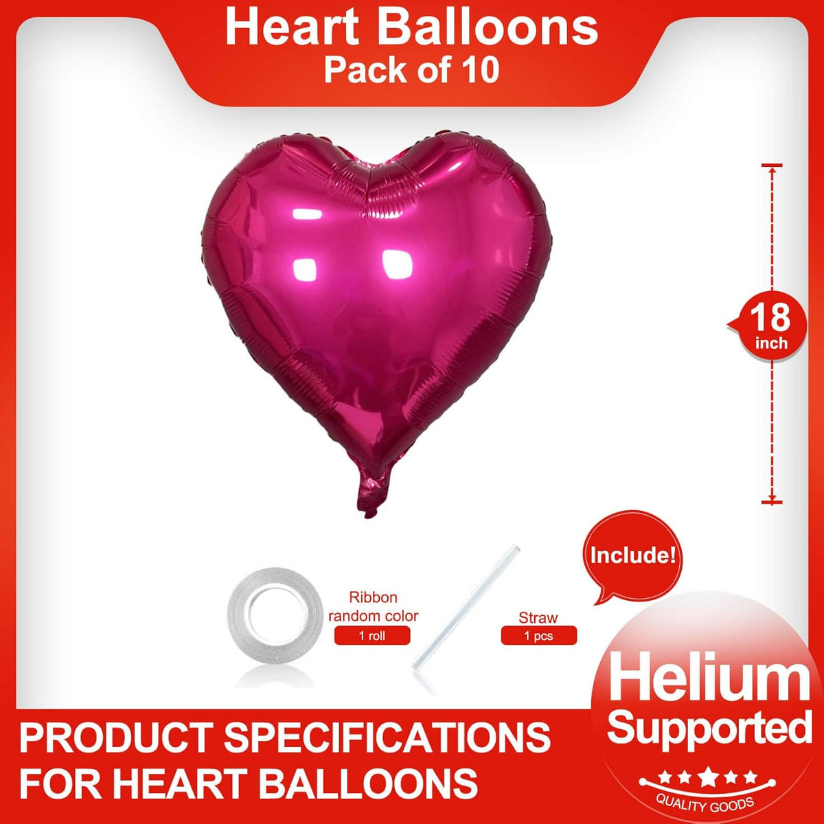 Hot Pink Heart Shaped balloons Pack of 10,18 Inch Vibrant Pink Love Valentine Balloons Heart