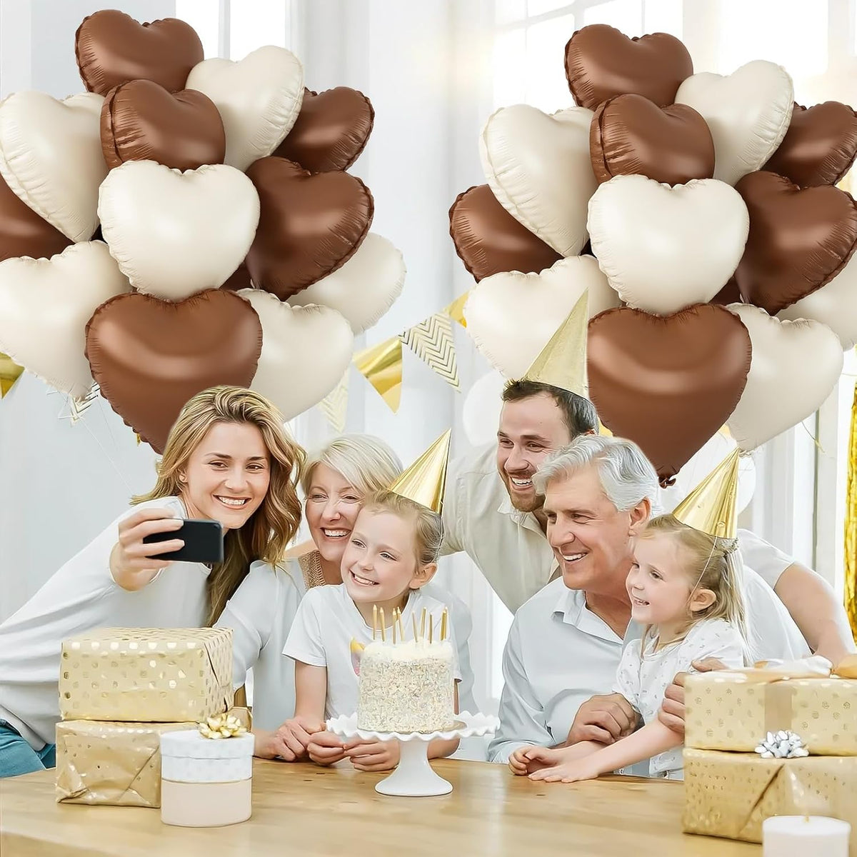 Sand White Brown Heart Balloons,12Pcs 18Inch Cream White Coffee Brown Heart Shaped Foil Helium