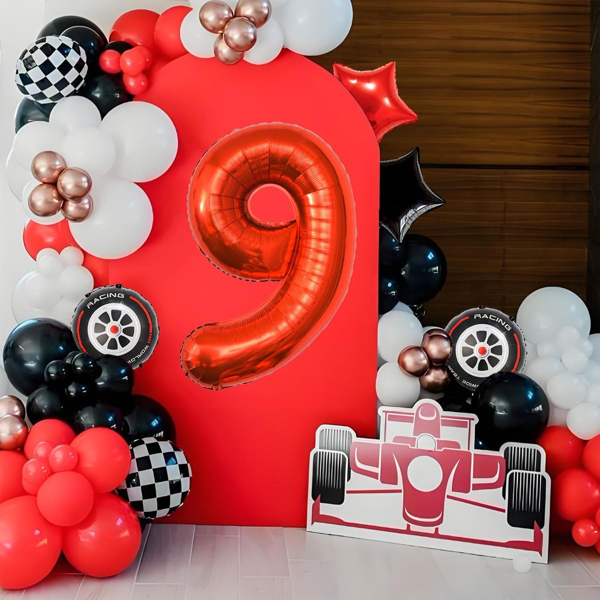 Race Car Birthday Party Decorations - 40 Inch Mylar Red Number 9 Balloons - Black Foil Checkered