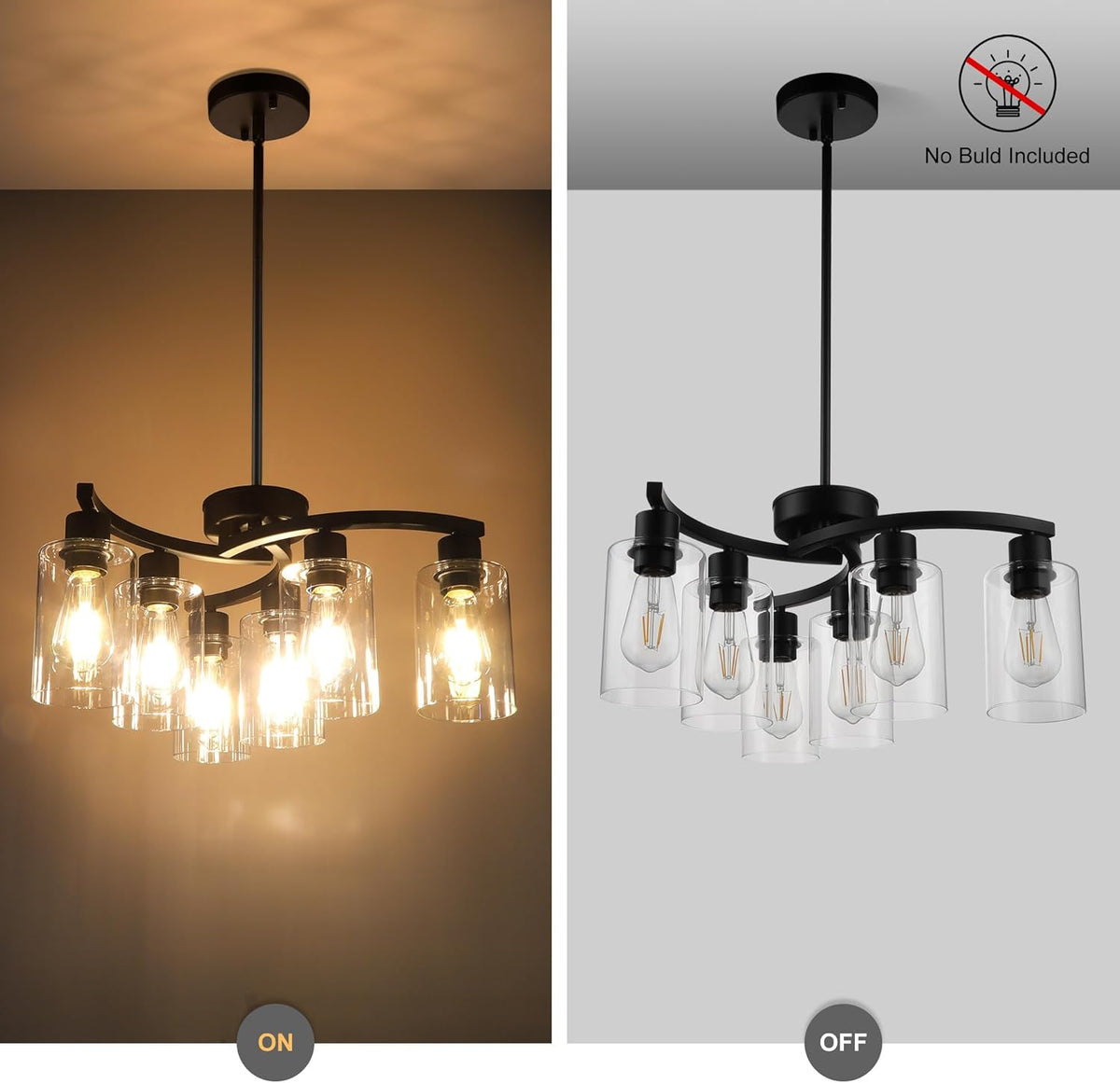 6-Light Modern Farmhouse Black Chandelier, Contemporary Dining Room Light Fixture, Adjustable