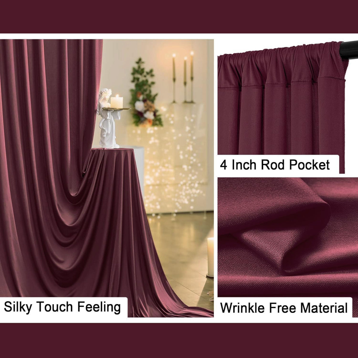 30 ft x 10 ft Wrinkle Free Maroon Backdrop Curtain for Parties, Polyester Burgundy Photo Backdrop