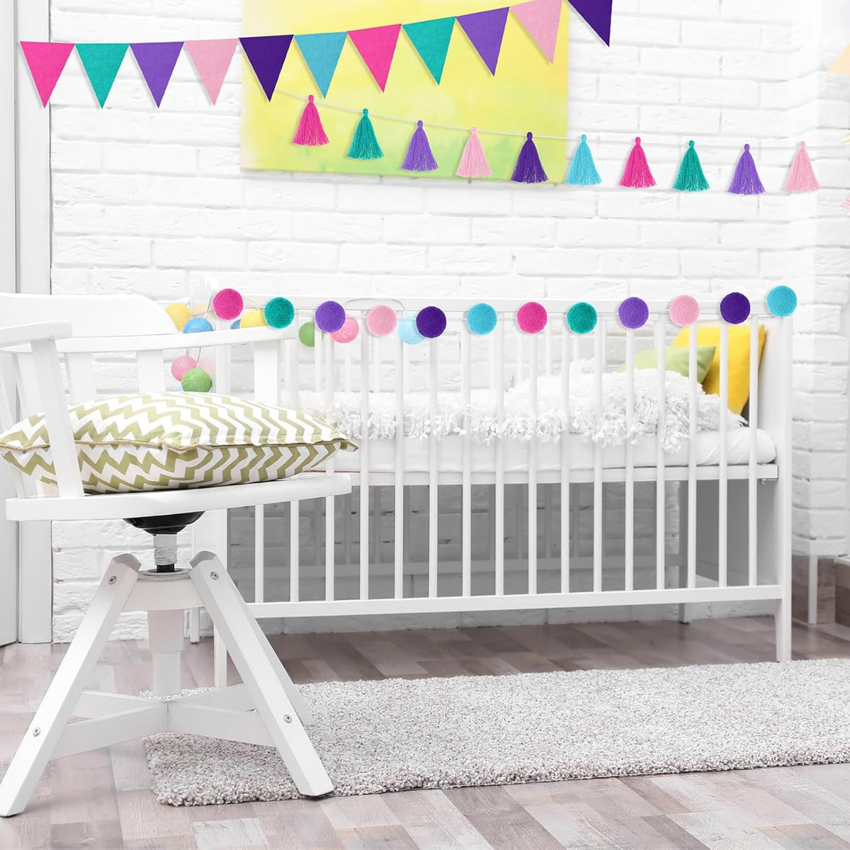 Irenare 9.8 ft Pom Pom Garland Felt Colorful Tassel Banner Christmas Party Pompoms Garland