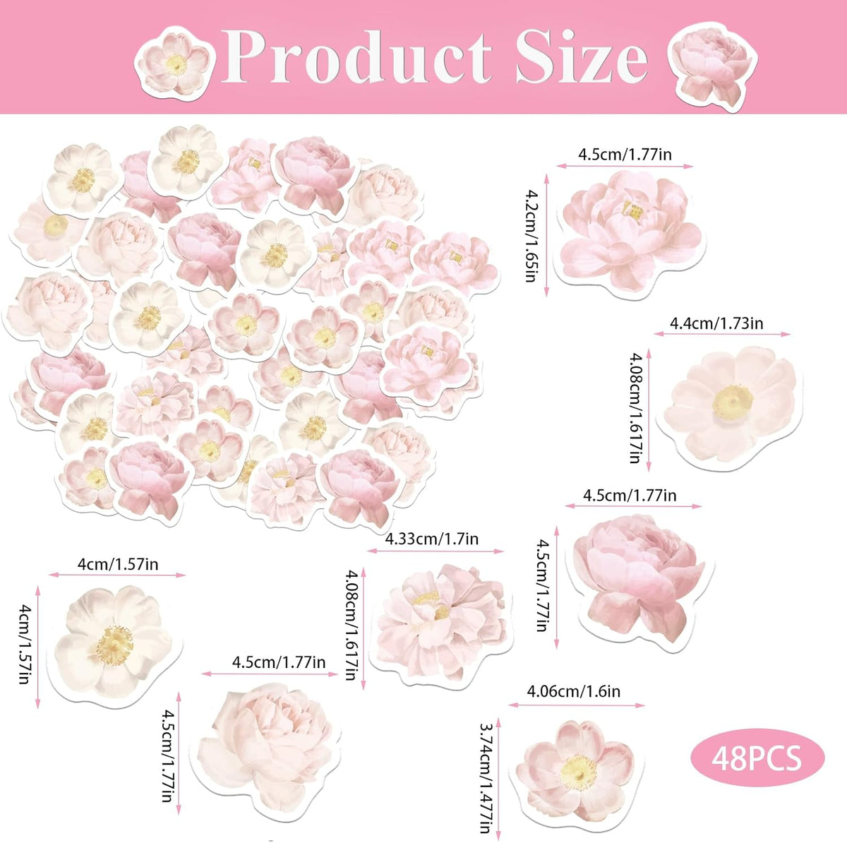 48PCS Edible Rose Flowers Cupcake Toppers Edible Pink Rose Flowers Cupcake Decor Wafer Paper