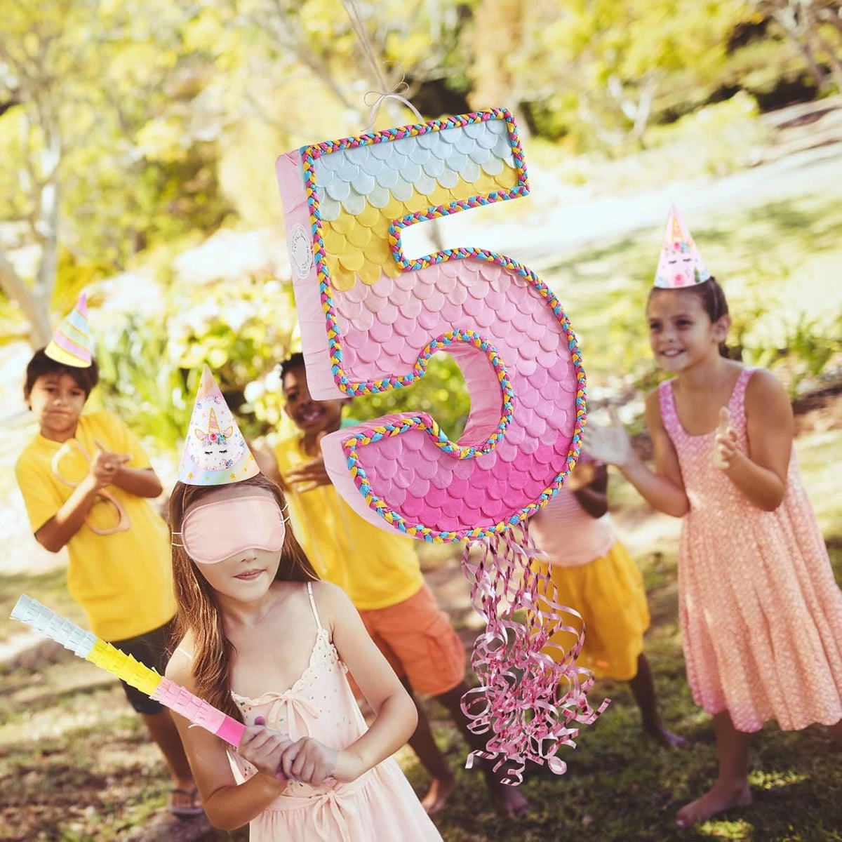 WERNNSAI Pink Sweet Five Pinata - Number 5 Pinata Happy Birthday Decoration Pink Rainbow Design