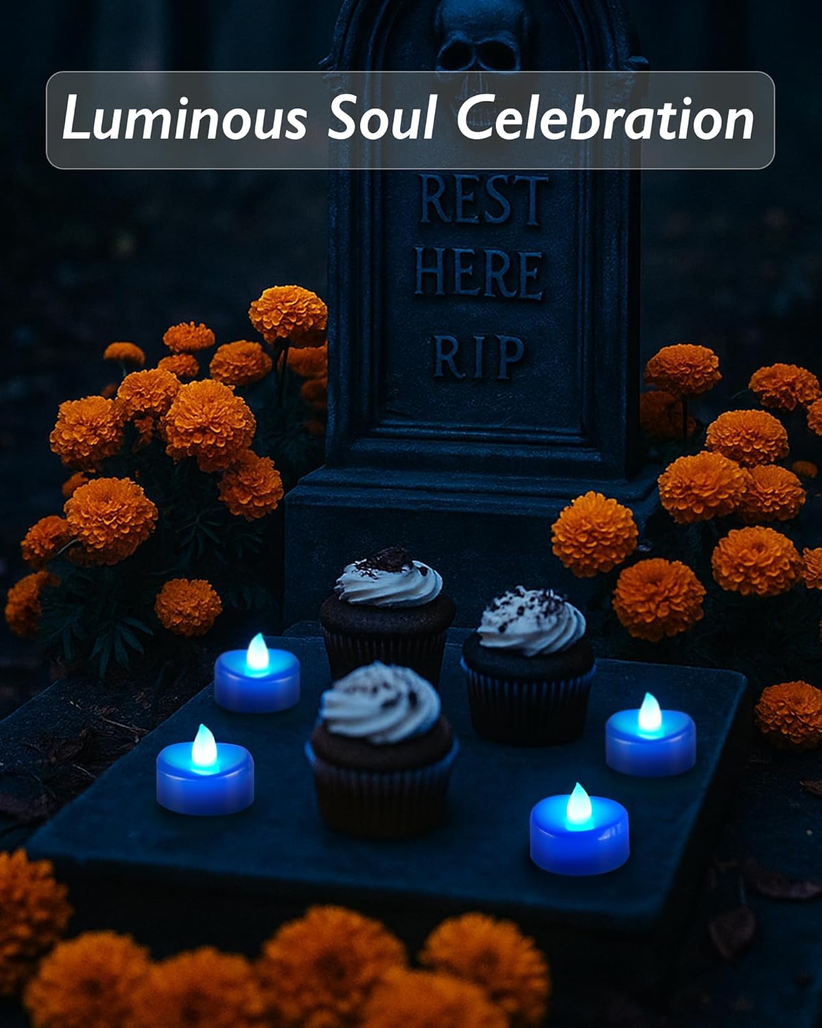 Raycare Blue LED Tea Lights Battery Operated, 200+Hour Flickering Votive Candles,Realistic Fake
