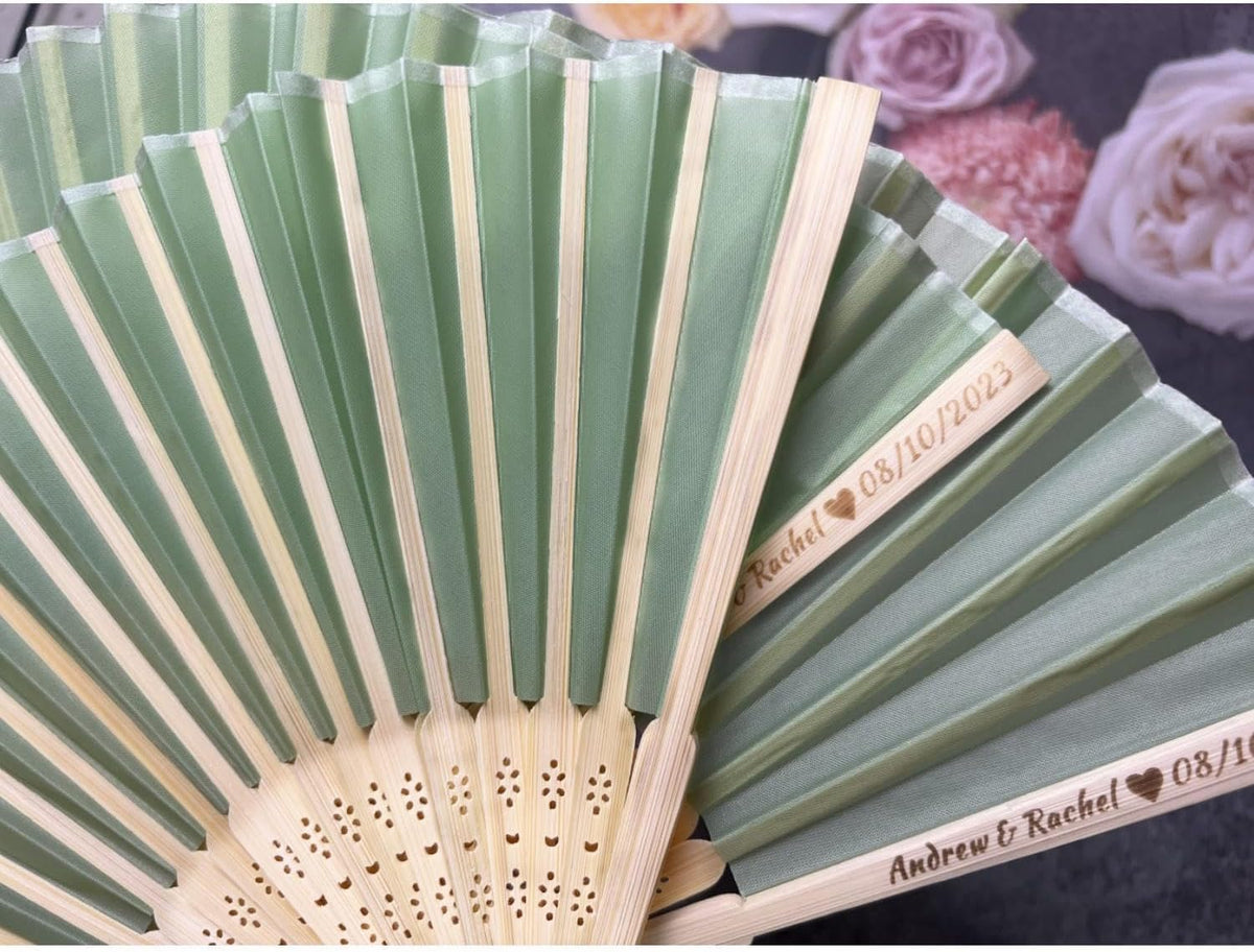 Personalized Wedding Fans Handheld Folding Fans (5Pcs) - Custom Engraved Green Silk Fans for Bridal