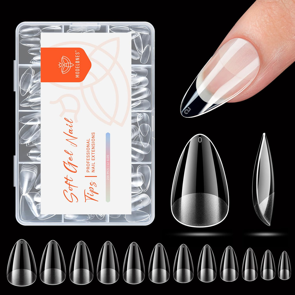modelones Short Almond Nail Tips, Pre-shaped Soft Gel Tips Fake Nails False Acrylic Clear Full