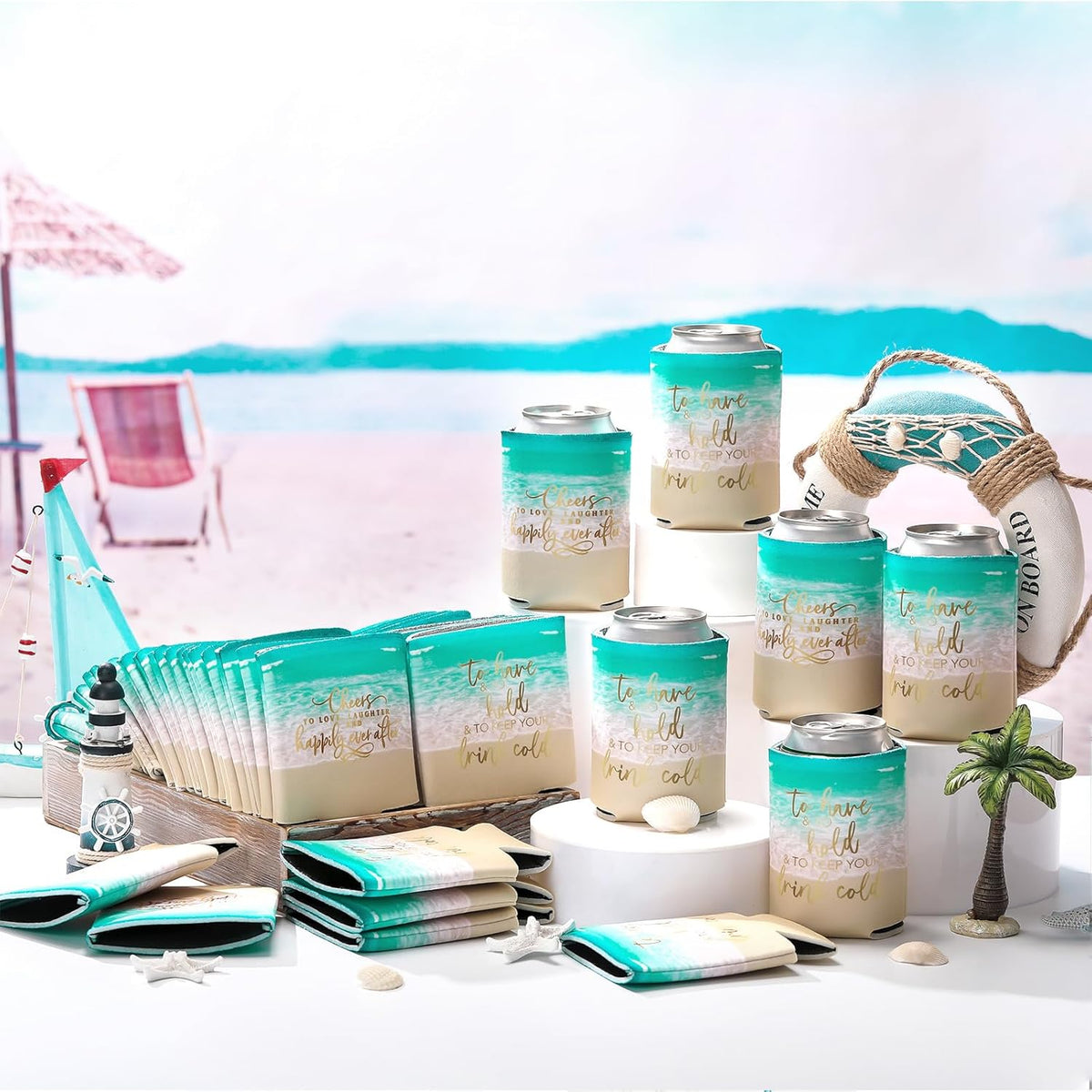 50 Pieces Beach Theme Wedding Can Cooler Bulk Engagement Party Favors for Guests Cheers to Love