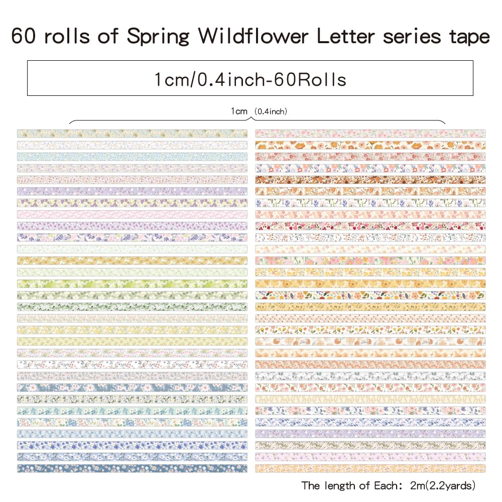 60 Rolls Flowers Theme Washi Tape Set with Different Colorful Patterns, Writable Decorative Tapes