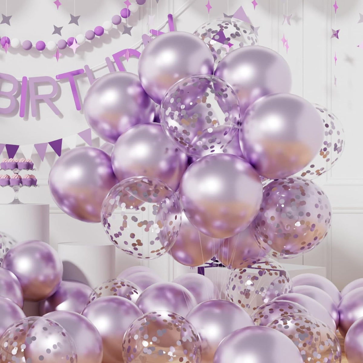 AULE Party Balloons Pack of 42 - Metallic Lavender Balloons and Confetti Latex Helium Balloons With
