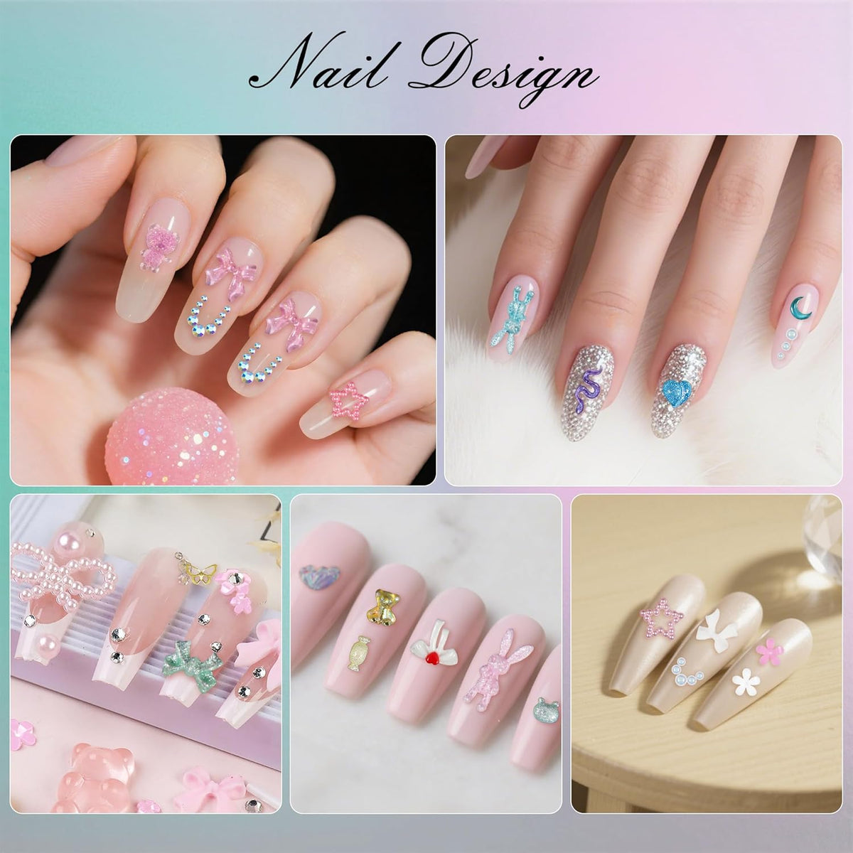 Artdone Nail Art Studs Kit, 2 boxes Multicolor 3D Charms Flower Butterfly Snake Rabbit Diamond Cute