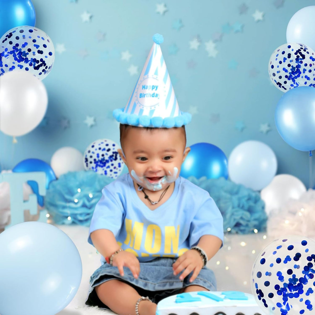 68Pcs Blue and White Balloons Kit 12 Inch, Blue Confetti Balloons Light Blue Baby Blue Pearl White