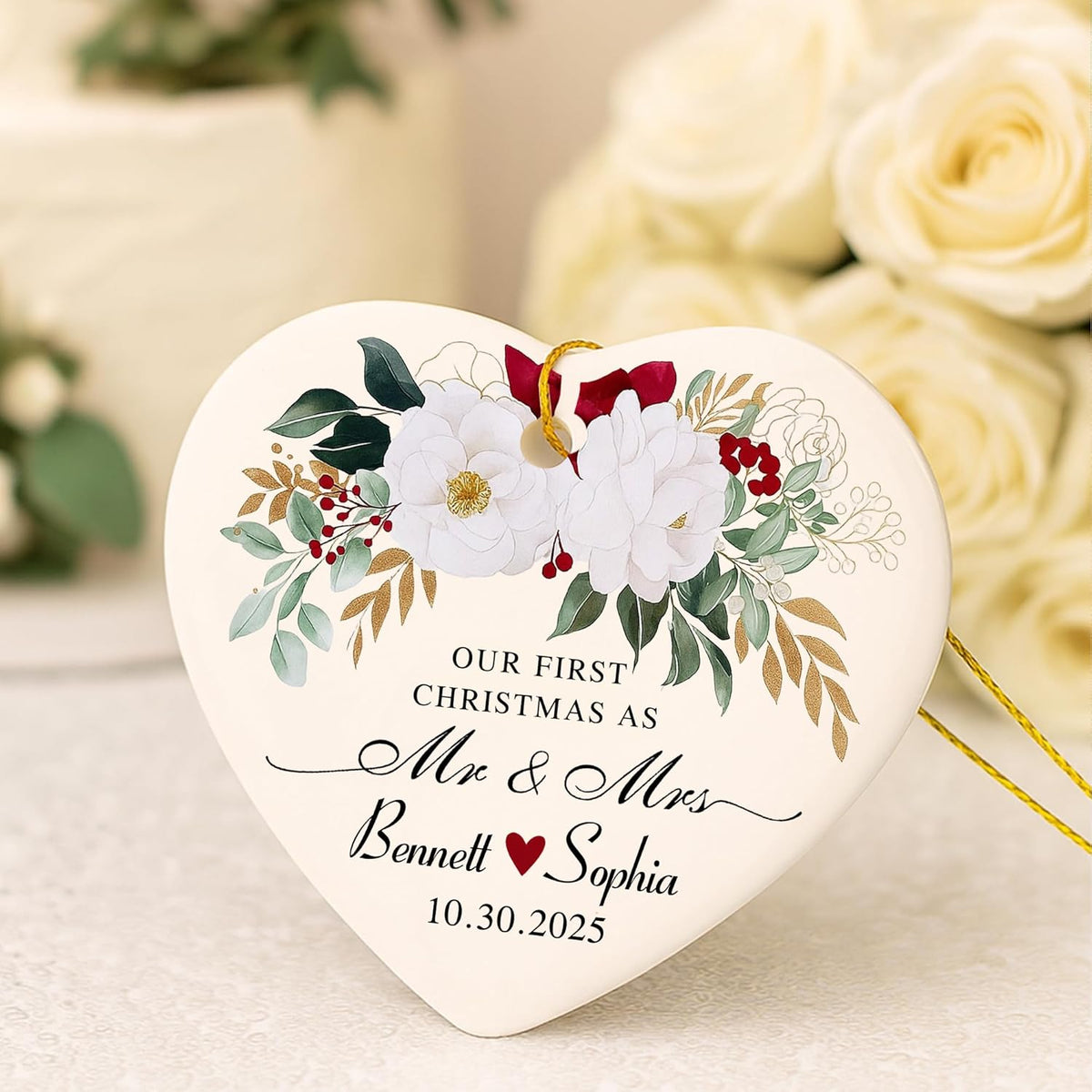Love Signal Personalized Married Ceramic Ornament, Our First Christmas As Mr Mrs 2025 Ornaments