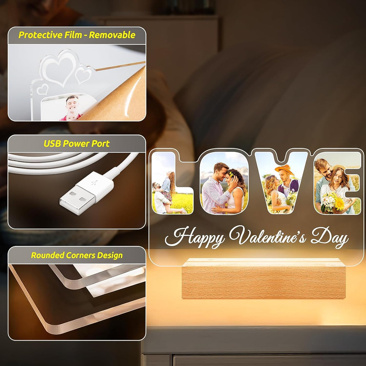 Custom Picture Frames with Photo, Personalized LOVE Photo Frame with Night Light, Customized