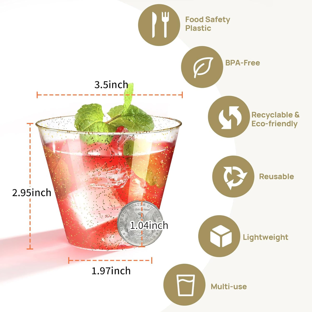 [100 Pack] 9oz Plastic Cups with Gold Glitter Sturdy & Food Safe Disposable Wine Glasses Party