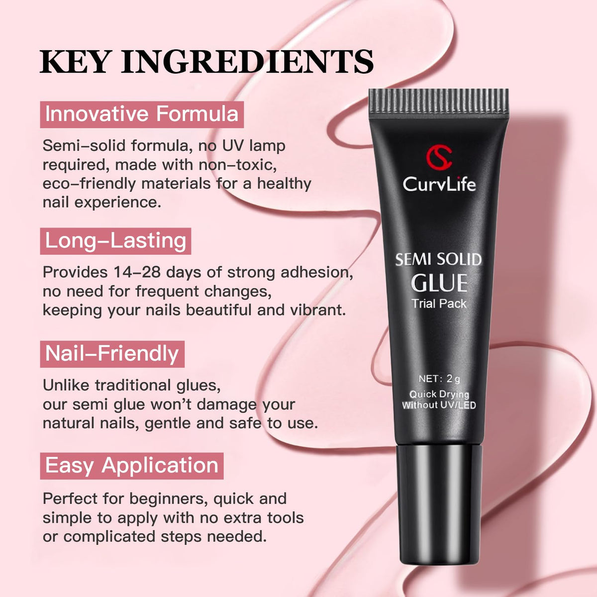 CurvLife Nail Tips Semi Solid Nail Glue 2g (5pcs) - Super Strong, Soft Glue Gel Quick Drying