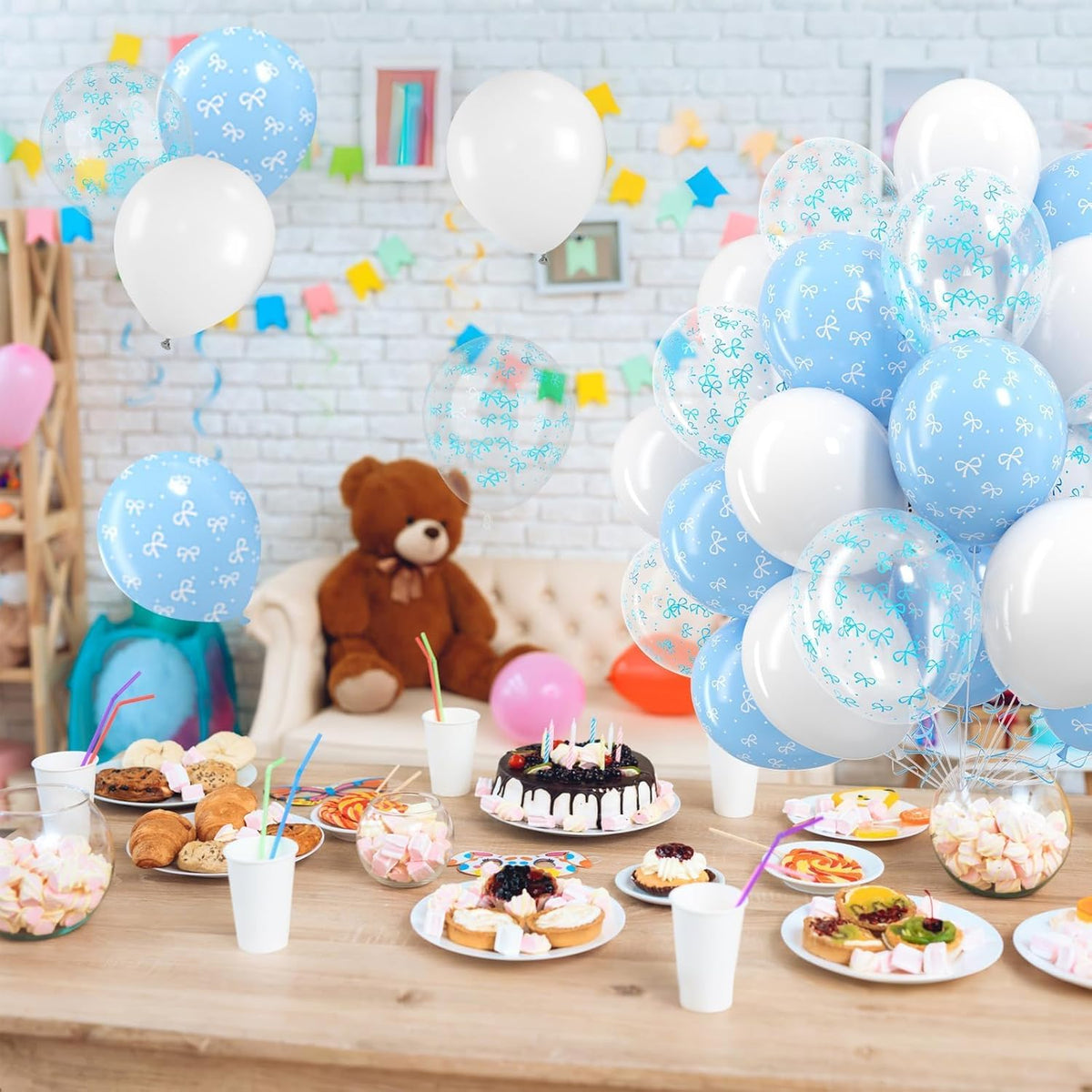 Blue Bow Balloons,12 Inch Pastel Light Blue Clear White Latex Balloon for Girls Women Birthday