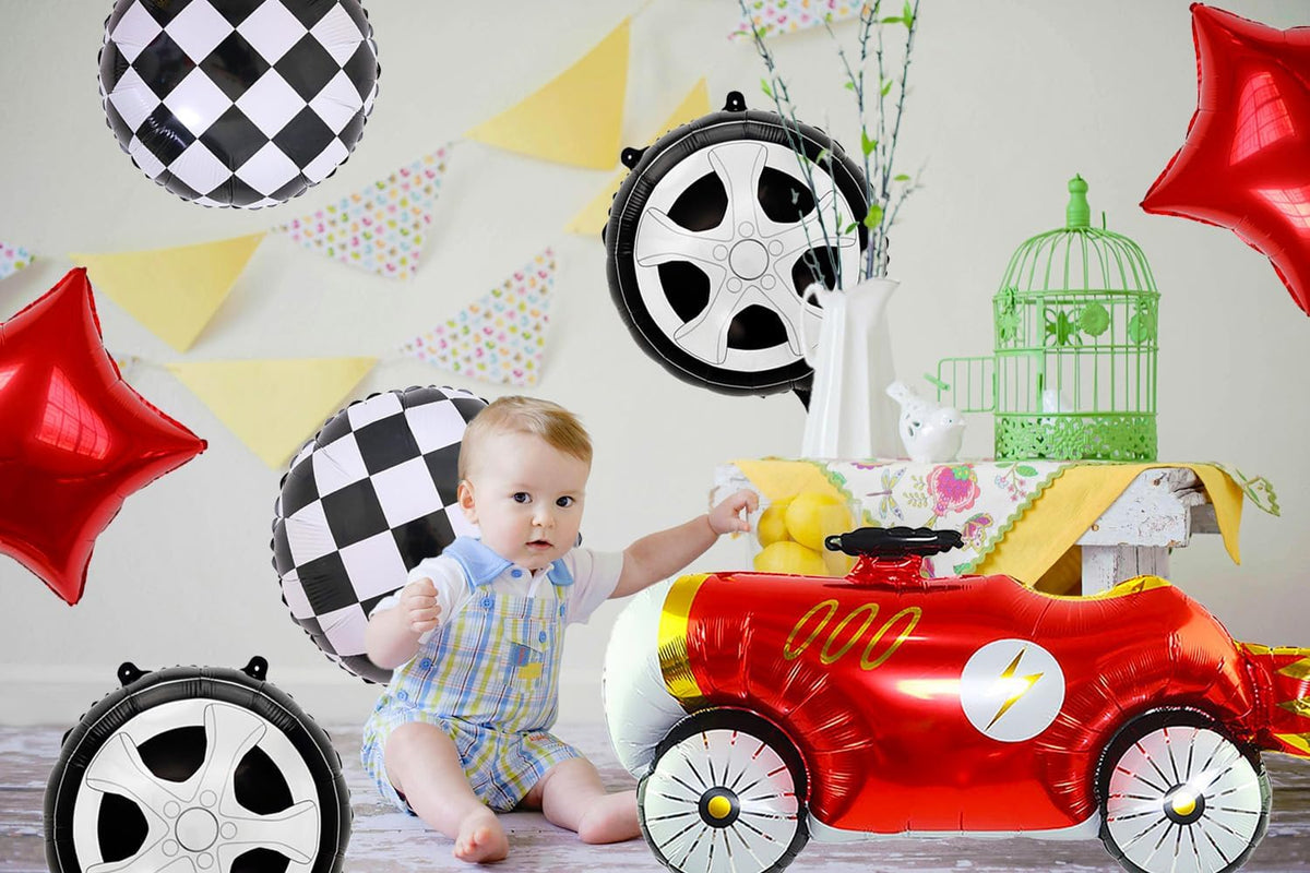 7 Pcs Vintage Race Car Balloon Set,Black and White Checkered Car Wheel Red Star Foil Helium