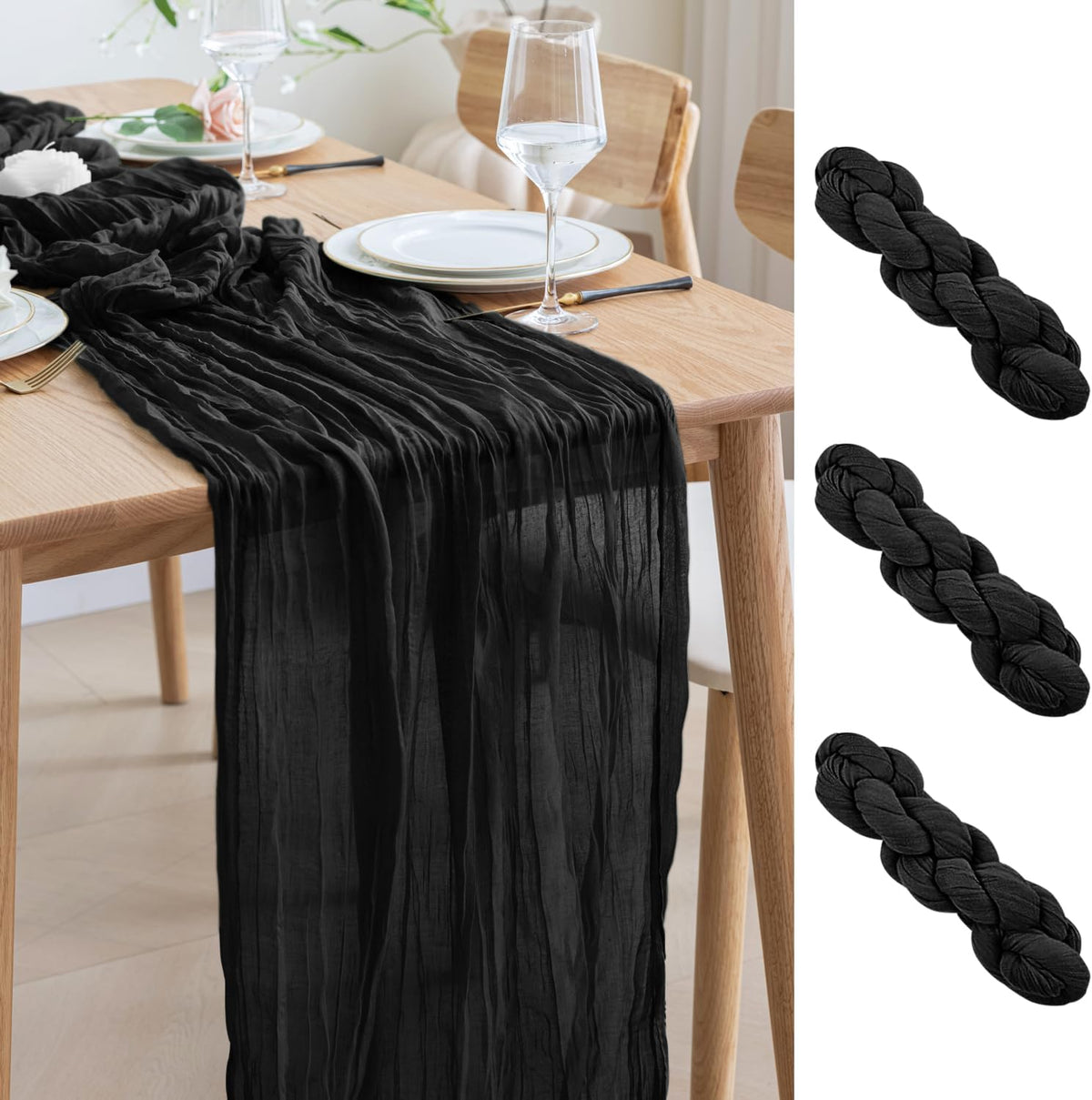 Asee'm 3pcs Cheesecloth Table Runner 120 Inches Long Black Boho Gauze Cheese Cloth Runner 10FT