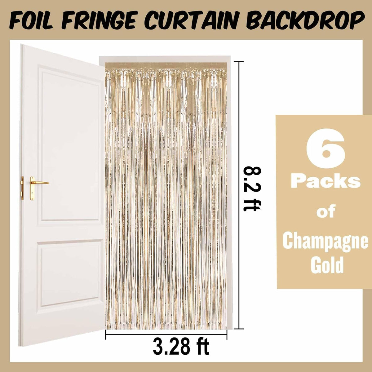 6 Pack Champagne Gold Foil Fringe Curtains Backdrop, 3.28 x 8.2 Ft Metallic Streamers Tinsel