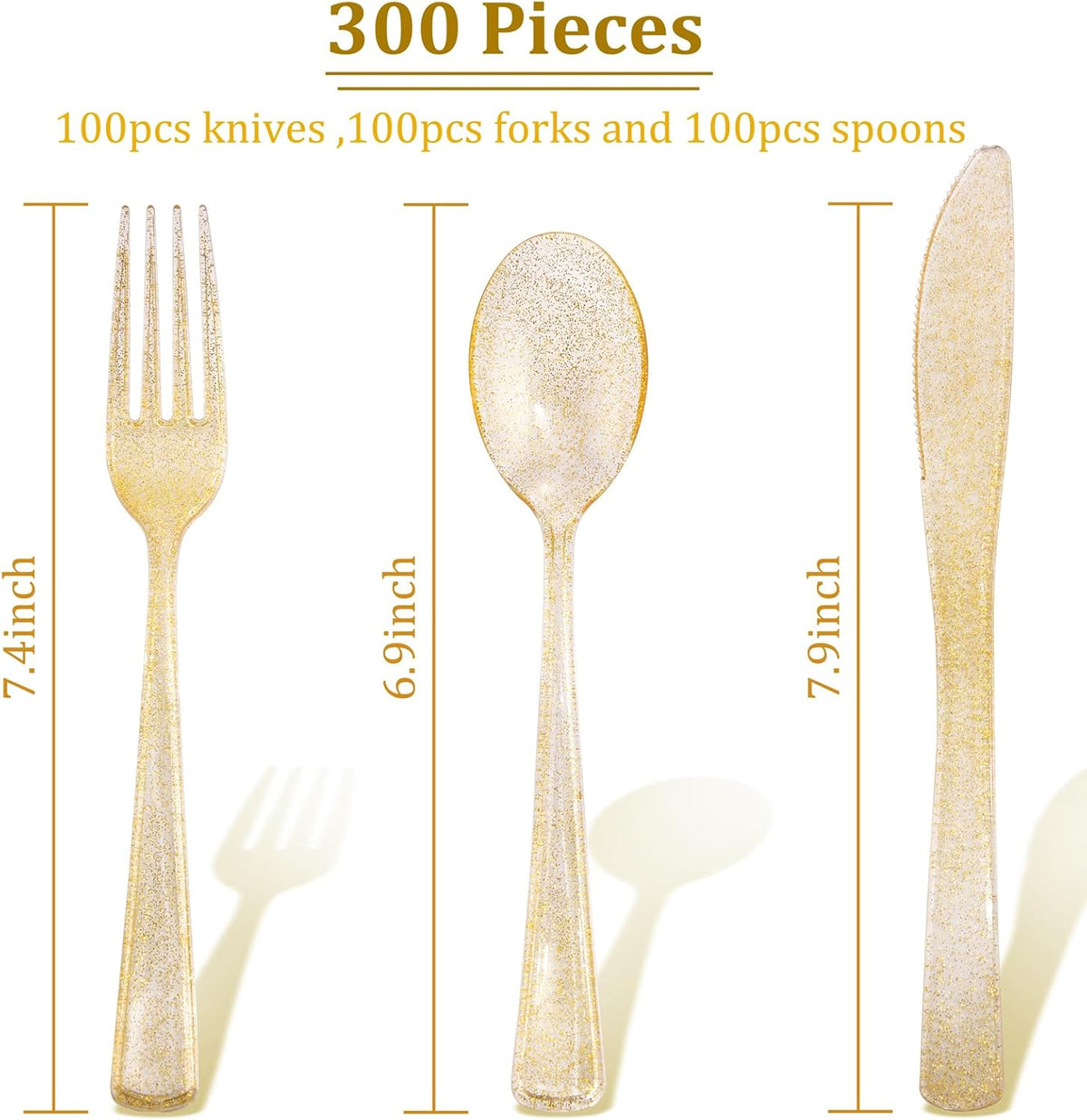 Supernal 300pcs Gold Glitter Plastic Cutlery Disposable Utensils Gold Plastic Silverware Sets