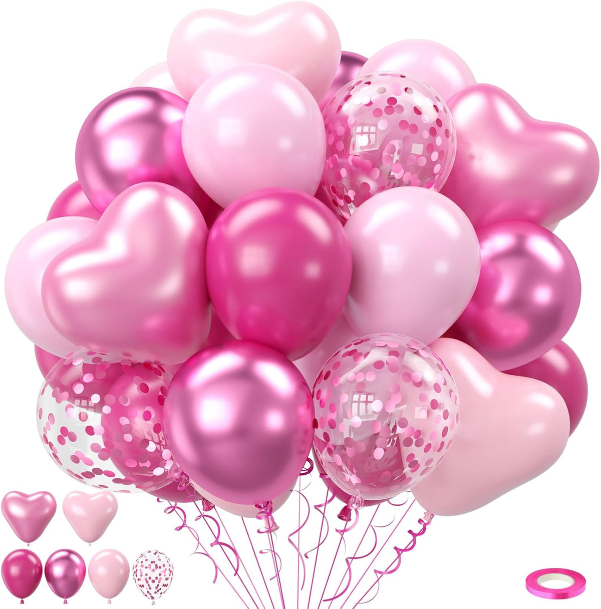 Hot Pink Balloons, 60pcs Metallic Pink Magenta Balloons With Macaron Heart Latex Balloon Confetti