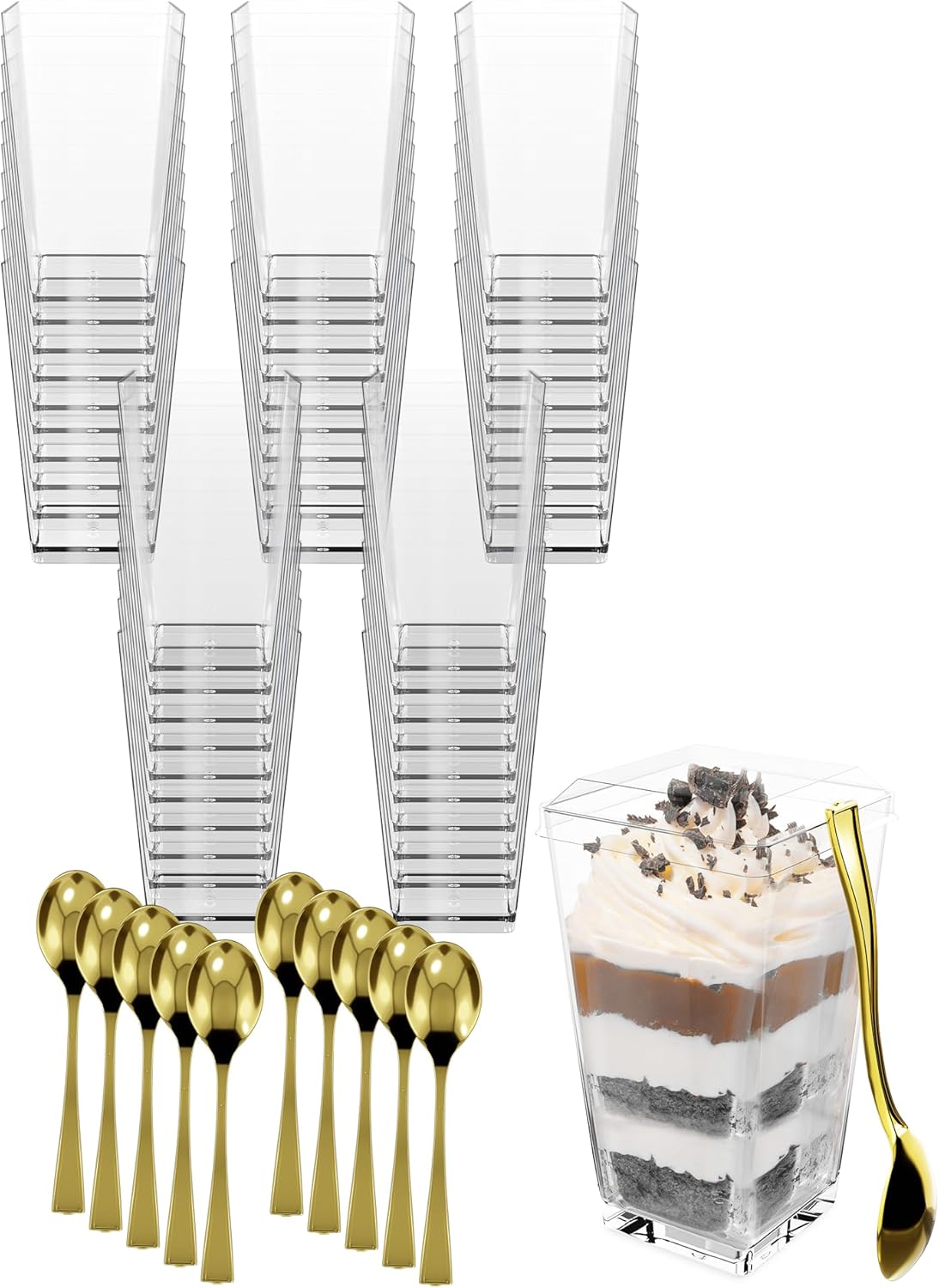 100 Pack 3 oz Mini Dessert Cups with Lids and Spoons (Gold Spoons) - Plastic Shooter Appetizer