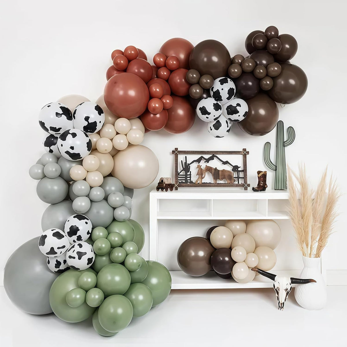 Cowboy Western Balloons, 12inch Cow Print Retro Coffee Brown Slate Dusty Blue Sand White Balloons
