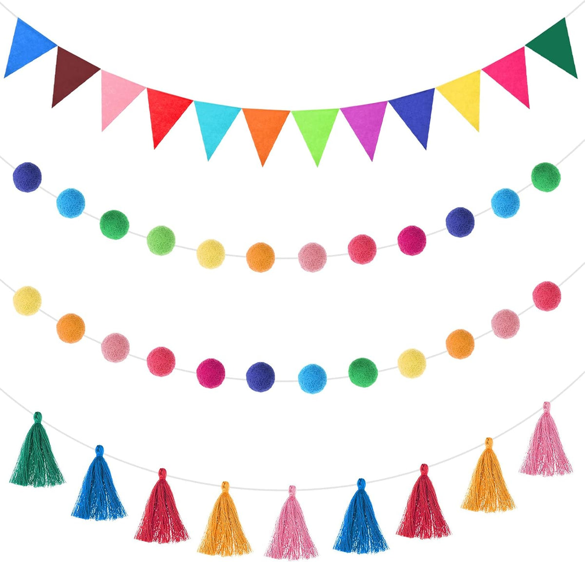 Irenare 9.8 ft Pom Pom Garland Felt Colorful Tassel Banner Christmas Party Pompoms Garland