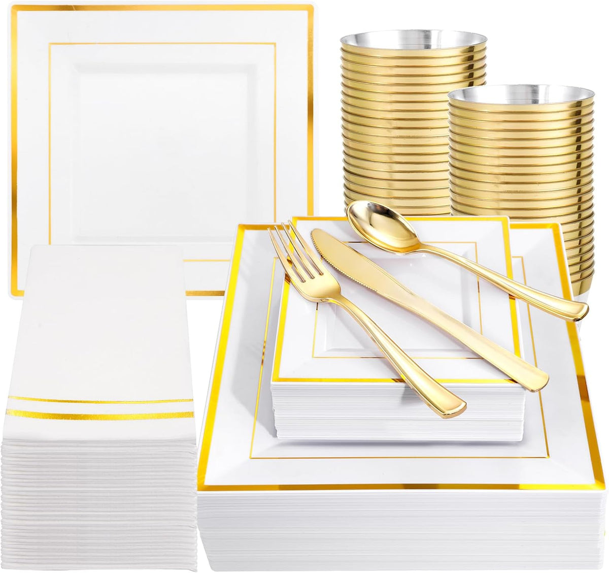 Festiva 350Pcs Gold Plastic Plates - Disposable Square Gold Plates Dinnerware set include 9.5"/6"