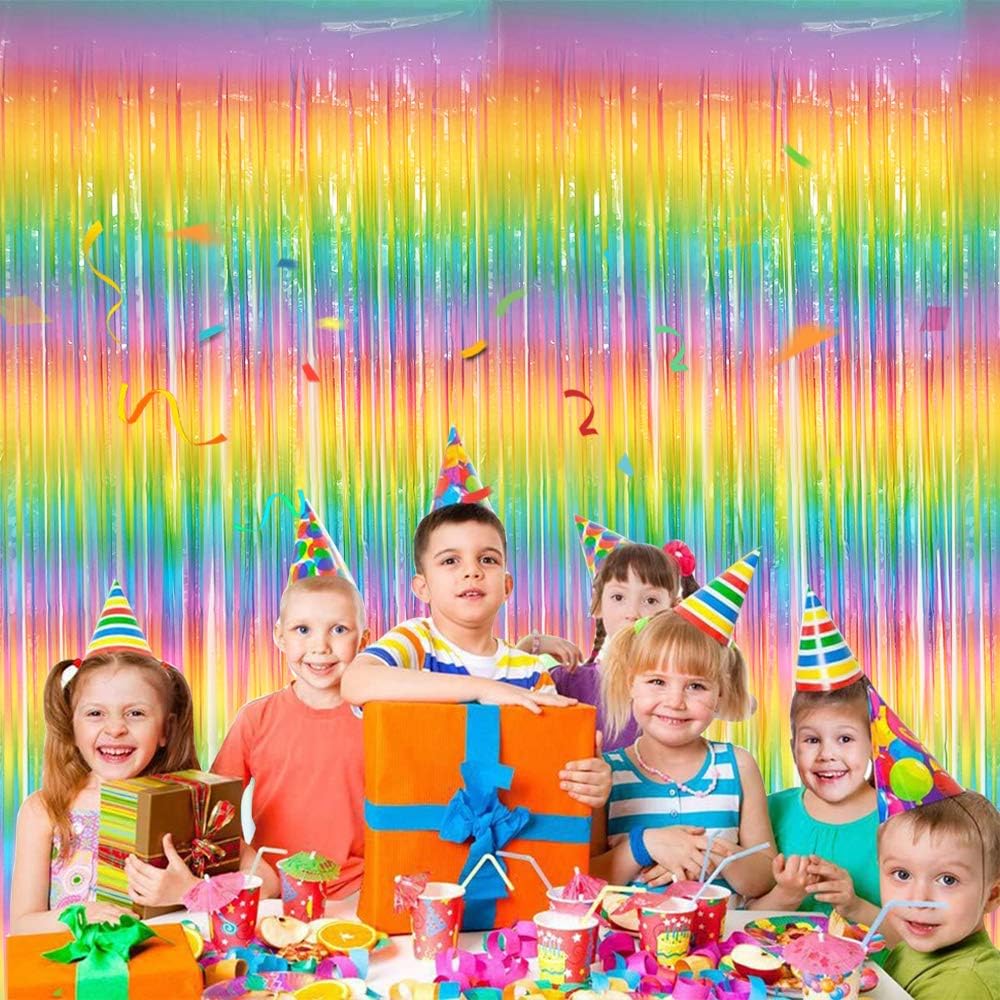 BEISHIDA 2 Pack Light Rainbow Foil Fringe Curtain Assorted Colorful Tinsel Metallic Curtains Photo