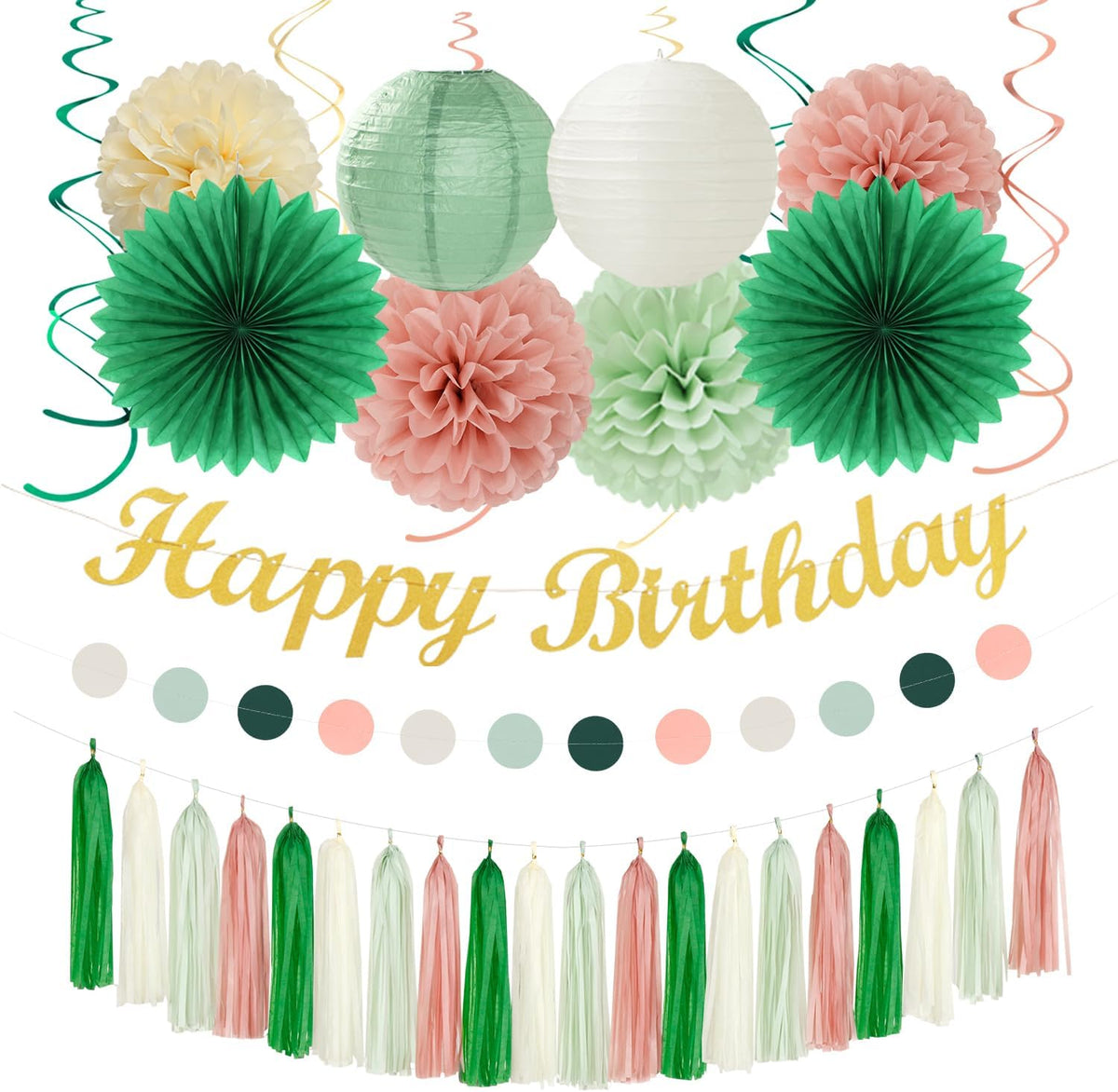 Olive Sage-Green Beige Happy-Birthday Party-Decorations - 31pcs Women Girls Adults Paper Lanterns