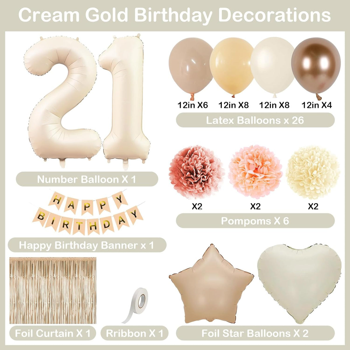 Beige 21st Birthday Decorations for Her Cream Number 21 Balloon Nude Gold Happy Birthday Banner