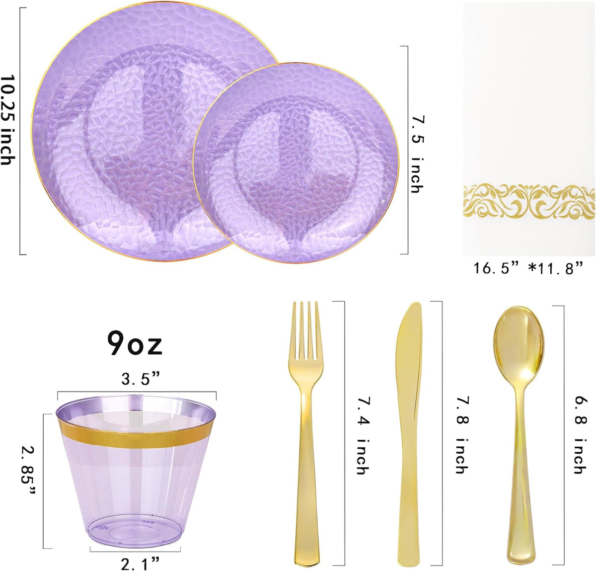 Rubtlamp 175 Pcs Purple Plastic Dinnerware Set (25 Guests), Clear Purple Plates With Gold Rim