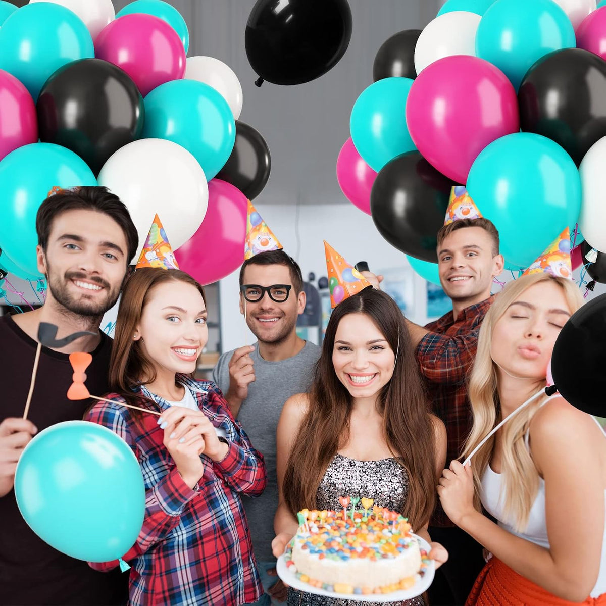 Paready Disco Music Party Balloons, 30 Pcs 12 Inch Hot Pink Black Blue and White Latex Balloons