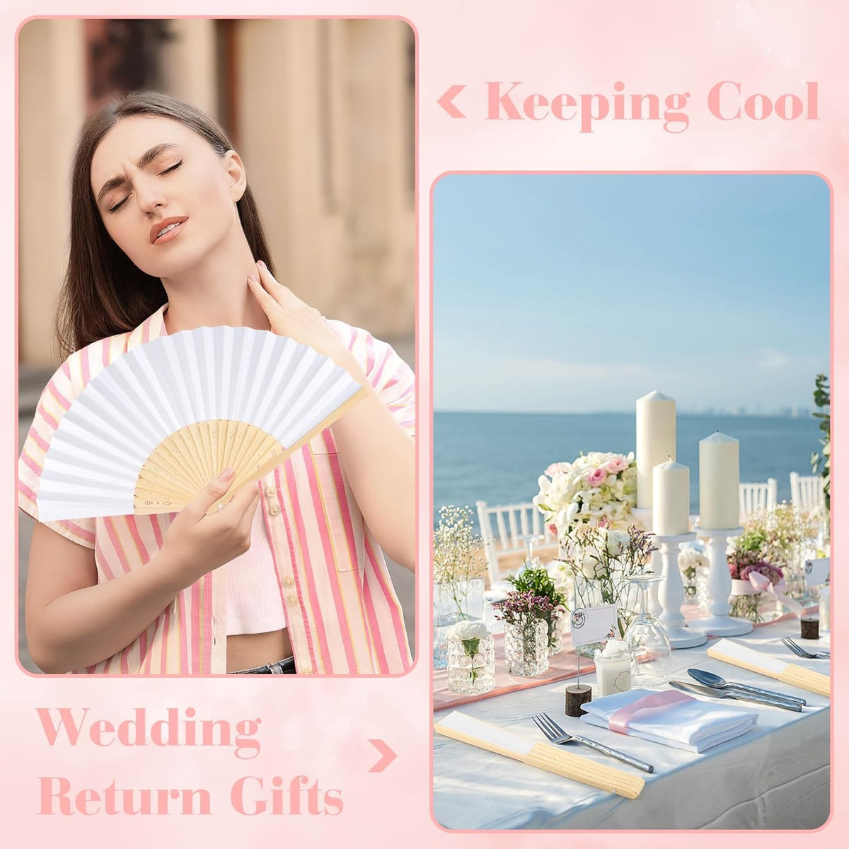 6 Pieces White Hand Held Bamboo Folding Fans Foldable Paper Fans Handheld for Women Girls Wedding
