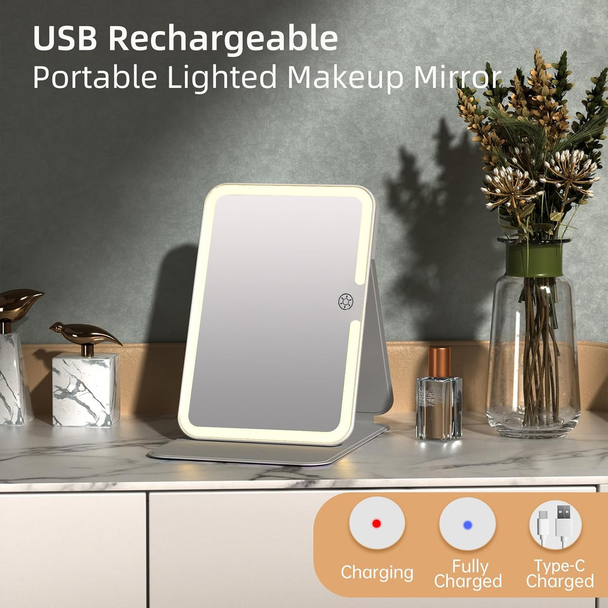 Rechargeable Travel Lighted Makeup Mirror with PU Leather Cover, Portable Travel Makeup Mirror with