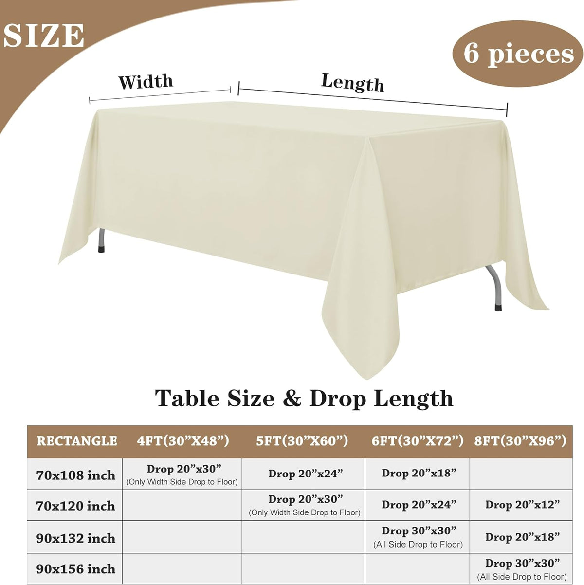 Fitable Ivory Tablecloths for 6-8 Foot Tables, 6 Pack - 70 x 120 Inches - Reusable and Washable