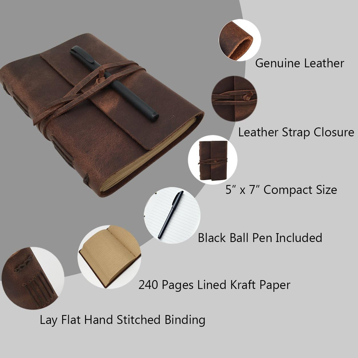 Leather Journal Writing Notebook - Genuine Leather Bound Daily Notepad for Men & Women Lined Paper