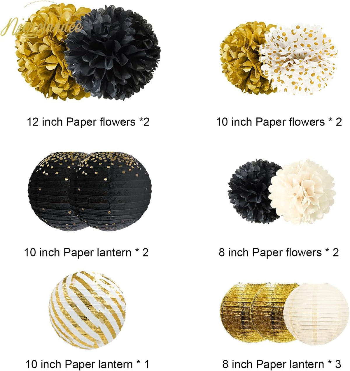 NICROLANDEE Black Gold Party Decorations,12PCS Paper Lantern Tissue Pom Poms Black and Gold Hanging