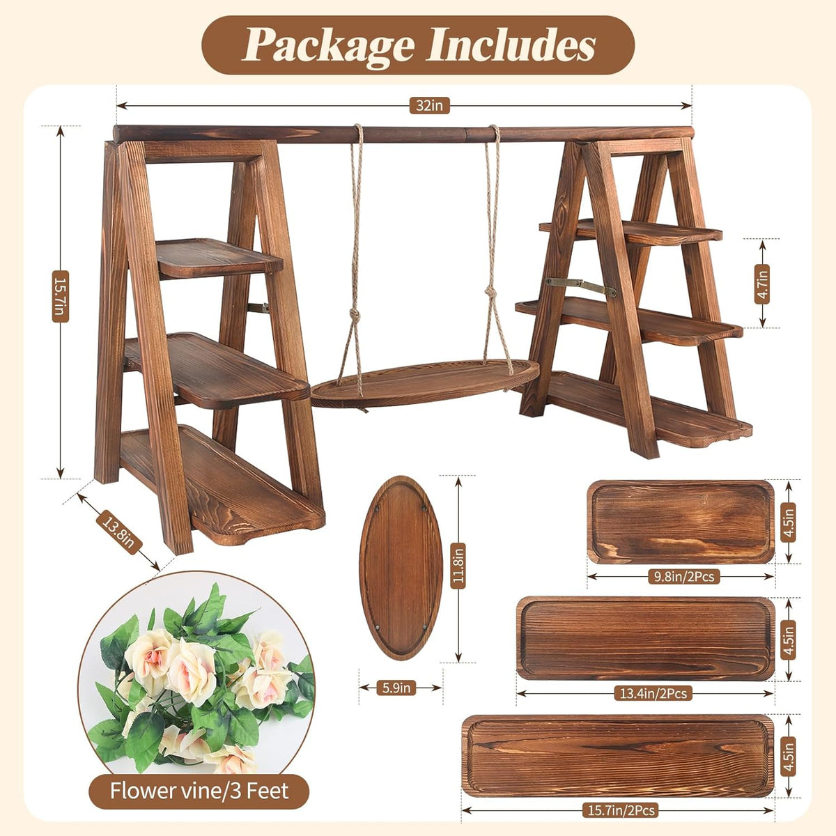 Wooden 3 Tier Cupcake Stand with Swing and Flower Decoration Serving Removable Tray Display Serving