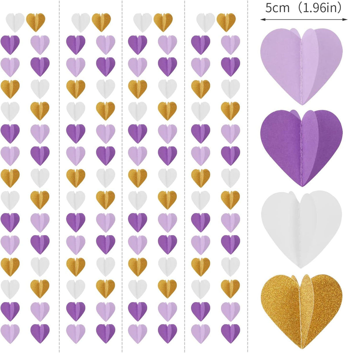 Purple-Gold Party-Decorations 3D Heart Garland - 39Ft White Purple Lavender Graduation Hanging