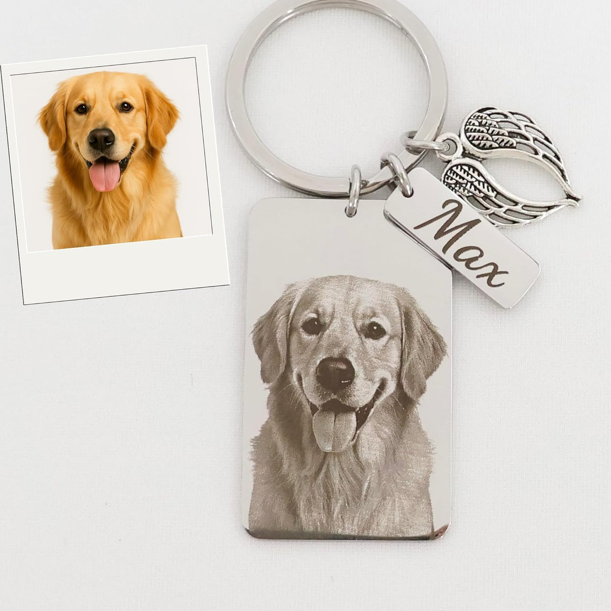 Custom Pet Portrait Keychain – Personalized Photo Engraved Keychain with Optional Back Text