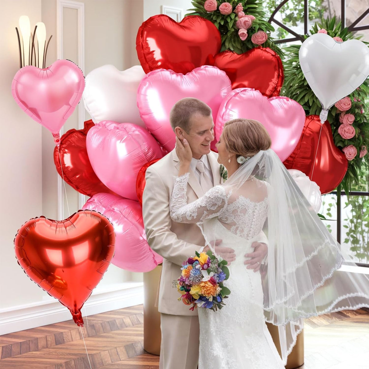 12 Pcs Heart Balloons - 18 inch Red Pink Heart Shaped Foil Helium Balloons for Wedding, Baby