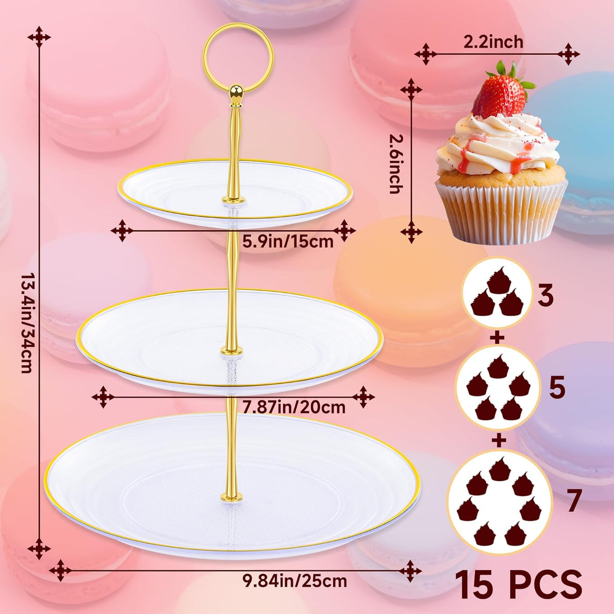 PinCute Cupcake Stand Holder - 3 Tier Cup Cake Dessert Stands, Plastic Tiered Serving Tray&Metal