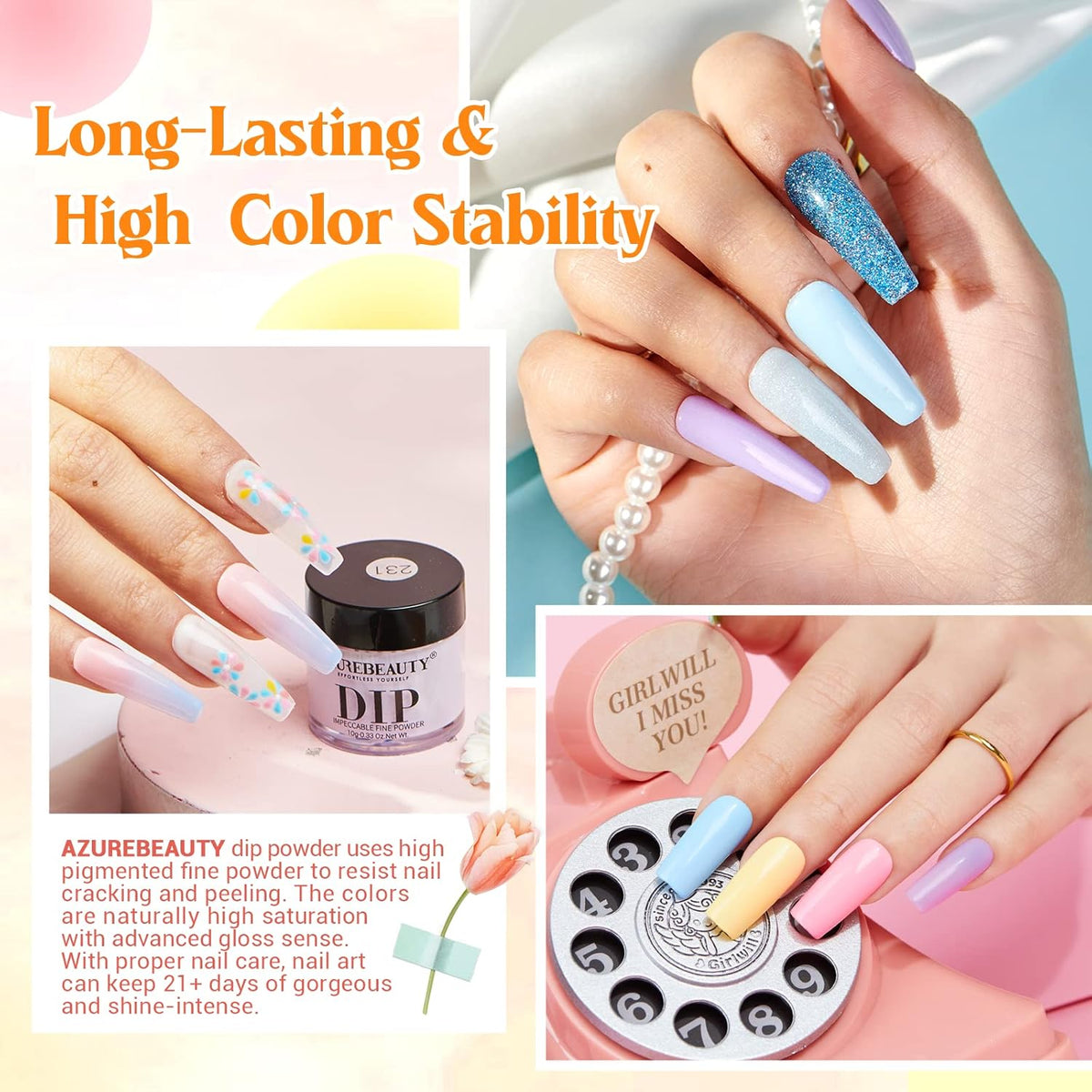 AZUREBEAUTY 31Pcs Dip Powder Nail Kit Starter 20 Colors Pastel Spring Summer Pink Acrylic Dipping