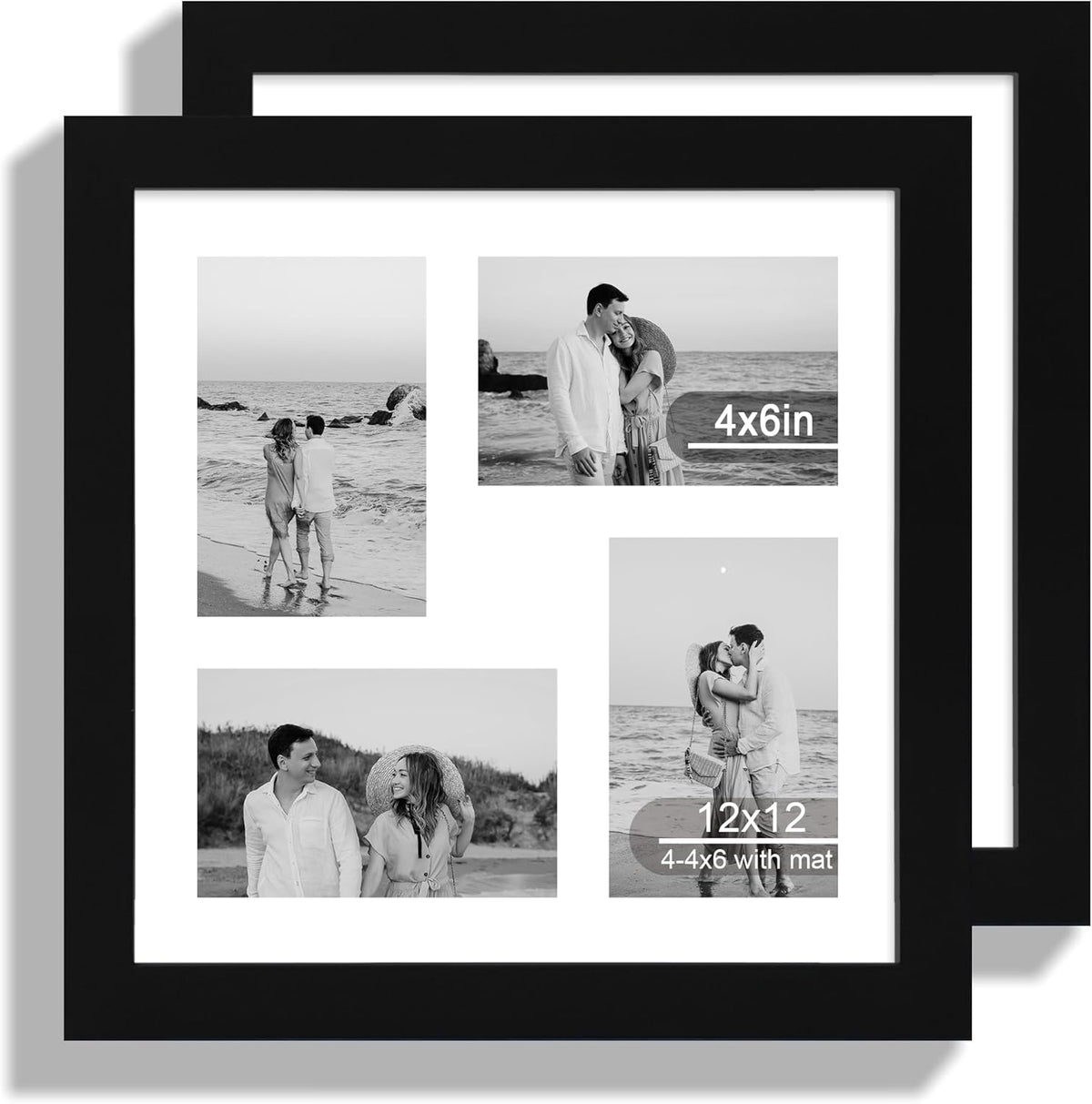12x12 Picture Frame Set of 2, Black Wood Frame with Glass Collage Frame, Display Pictures 4-4x6
